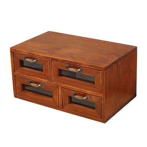 Retro-Schubladenschrank aus Massivholz, dekorative Aufbewahrungsbox aus Holz mit Glasfront, 4 Schubladen für einfachen Zugriff, Vintage-Schmuck-Organizer von MHADBKH