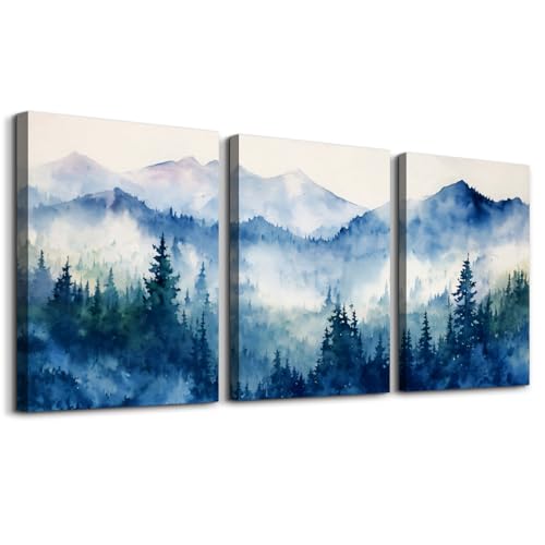 MHARTK66 Aquarell Blau Nebel Wald Leinwand Bilder Set Wohnzimmer, Lila Grün Berge Landschafts Wandbilder Schlafzimmer, Abstrakt Bilde Aesthetic, Modern Minimal Wandeko Badezimmer Flur Büro Essizimmer von MHARTK66