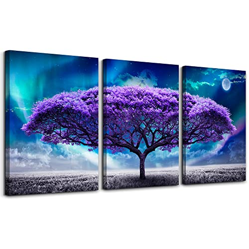 MHARTK66 Bilder Lila Großer Baum Nordlichter Leinwandbilder Polarlicht, Modern Natur Aurora Landschaft Wandbilder Wohnzimmer Schlafzimmer Büro Bauernhaus Esszimmer und Badezimmer von MHARTK66