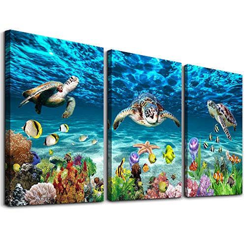 MHARTK66 Bilder Ozean Schildkröte, Blau Meer Unterwasser Landschaft Leinwand Bild, Modern Wanddekoration Kunstdrucke, Wandbilder Wohnzimmer Schlafzimmer Büro Esszimmer und Badezimme von MHARTK66