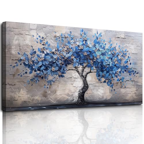 MHARTK66 Blau Baum Leinwand Bilder, 73x146 cm XXL Wandbilder Wohnzimmer Lebensbaum Bild Aesthetic, Modern Wanddeko Kunstdruck Schlafzimmer Esszimmer Büro Küche Badezimmer von MHARTK66
