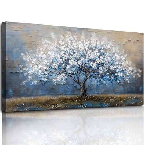 MHARTK66 Blau Weißer Blumenbaum Leinwand Bilder, 59x119 cm XXL Wandbilder Wohnzimmer Lebensbaum Bild Aesthetic, Modern Wanddeko Kunstdruck Schlafzimmer Esszimmer Büro Küche Badezimmer von MHARTK66