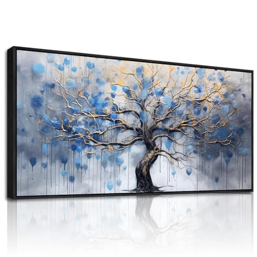 MHARTK66 Blauer Baum Bilder Mit Rahmen Schwarz, Bäume Abstrakt Leinwand Bilde Aesthetic, 50x100 cm Groß Wandbilder Wohnzimmer, Modern Wanddeko Kunstdruck Schlafzimmer Esszimmer Büro Küche von MHARTK66