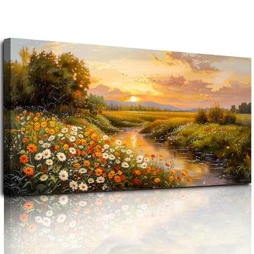 MHARTK66 Blumen am Fluss Leinwand Bilder, 59x119 cm XXL Wandbilder Wohnzimmer Landschaft Bild Aesthetic, Modern Wanddeko Kunstdruck Schlafzimmer Esszimmer Büro Küche Badezimmer von MHARTK66