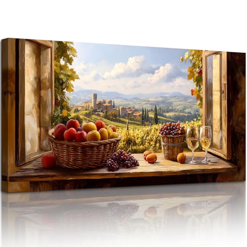 MHARTK66 Fensterblick Landschaft Leinwandbild, 50x100 cm Groß Wandbilder Obstkorb & Weinglas Esszimmer Bilder Aesthetic, Weinberg Wanddeko Kunstdruck Küche Wohnzimmer Schlafzimmer Flur MHARTK66 Fensterblick Landschaft Leinwandbild, 50x100 cm Groß Wandbilder Obstkorb & Weinglas Esszimmer Bilder Aesthetic, Weinberg Wanddeko Kunstdruck Küche Wohnzimmer Schlafzimmer Flur von MHARTK66