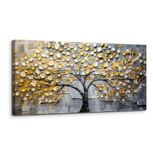 MHARTK66 Goldener Baum Leinwand Bilder, 50x100 cm Groß Wandbilder Wohnzimmer Baum des Lebens Bild Aesthetic, Modern Wanddeko Kunstdruck Schlafzimmer Badezimmer Büro Esszimmer Küche von MHARTK66