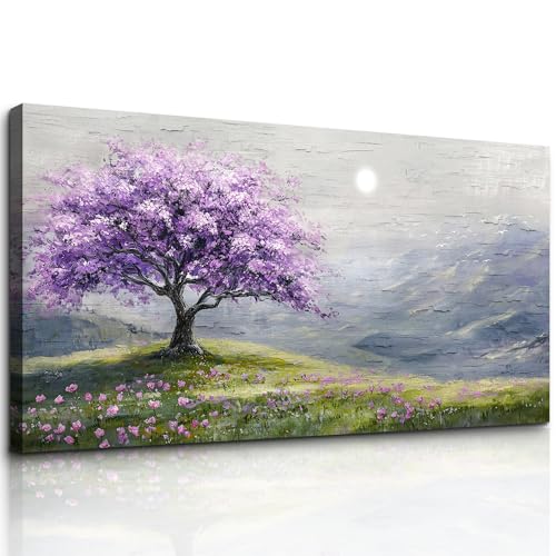 MHARTK66 Grasland Lila Bäume Leinwand Bilder, 50x100 cm Groß Wandbilder Wohnzimmer Lebensbaum Bild Aesthetic, Modern Wanddeko Kunstdruck Schlafzimmer Esszimmer Büro Küche Badezimmer von MHARTK66