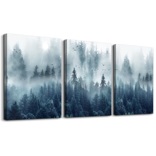 MHARTK66 Nebliger Wald Vögel Bilder, Natur Sonnenlicht durch die Bäume Leinwandbild, Modern Kunstdruck Deko Wandbilder Wohnzimmer Schlafzimmer Büro Esszimmer und Badezimmer von MHARTK66