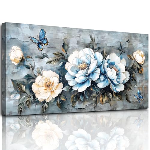 MHARTK66 Pfingstrose Blumen Leinwand Bilder, 59x119 cm XXL Wandbilder Wohnzimmer Schmetterlinge Bild Aesthetic, Modern Wanddeko Kunstdruck Schlafzimmer Esszimmer Büro Küche Badezimmer von MHARTK66