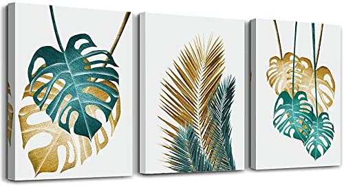 MHARTK66 Pflanzen Bilder, Wandbilder Wohnzimmer Goldene und grün Monstera Zimmer Deko Modern Wandbild Schlafzimmer Mit Rahmen Set Küche Wand Dekorationen Leinwandbild Wanddeko von MHARTK66