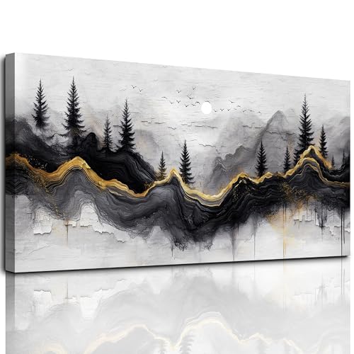 MHARTK66 Schwarz Gold Abstrakt Wald Leinwand Bilder, 50x100 cm Groß Wandbilder Wohnzimmer Landschaft Bild Aesthetic, Modern Wanddeko Kunstdruck Schlafzimmer Esszimmer Büro Küche Badezimmer von MHARTK66
