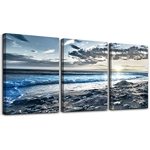 MHARTK66 Sonnenaufgang Bilder Blau Strand Leinwandbild, Meer Ozean Landschaft Modern Kunstdruck Deko Wandbilder Wohnzimmer Schlafzimmer Büro Esszimmer und Badezimmer von MHARTK66