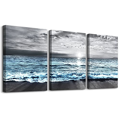MHARTK66 Sonnenaufgang Bilder Grau Blau Strand Vogelschwarm Leinwandbild, Meer Ozean Landschaft Modern Kunstdruck Deko Wandbilder Wohnzimmer Schlafzimmer Büro Esszimmer und Badezimmer MHARTK66 Sonnenaufgang Bilder Grau Blau Strand Vogelschwarm Leinwandbild, Meer Ozean Landschaft Modern Kunstdruck Deko Wandbilder Wohnzimmer Schlafzimmer Büro Esszimmer und Badezimmer von MHARTK66