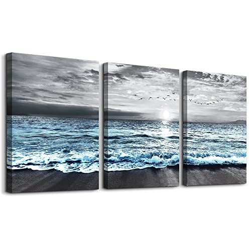 MHARTK66 Sonnenaufgang Bilder Grau Blau Strand Vogelschwarm Leinwandbild, Meer Ozean Landschaft Modern Kunstdruck Deko Wandbilder Wohnzimmer Schlafzimmer Büro Esszimmer und Badezimmer von MHARTK66