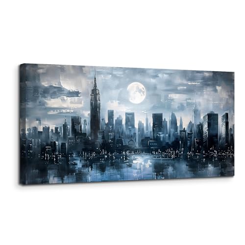 MHARTK66 Stadtnachtszene Leinwand Bilder, 50x100 cm Groß Wandbilder Wohnzimmer Blaue Landschaft Bild Aesthetic, Modern Wanddeko Kunstdruck Schlafzimmer Badezimmer Büro Esszimmer Küche von MHARTK66