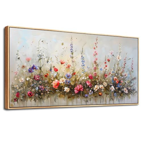 MHARTK66 Wiesenblumen Leinwand Bilder Mit Rahmen Holz, 50x100 cm Groß Wandbilder Wohnzimmer Bunt Blumen Bild Aesthetic, Modern Wanddeko Kunstdruck Schlafzimmer Badezimmer Büro Esszimmer Küche von MHARTK66