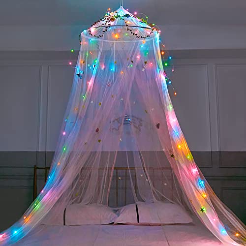 MHJY Betthimmel für Mädchenzimmer, Bettvorhänge mit LED-Lichtern, Moskitonetz, DIY-Prinzessinnen-Raumdekoration mit Sternen, Schmetterlingen für Kinderzimmer von MHJY