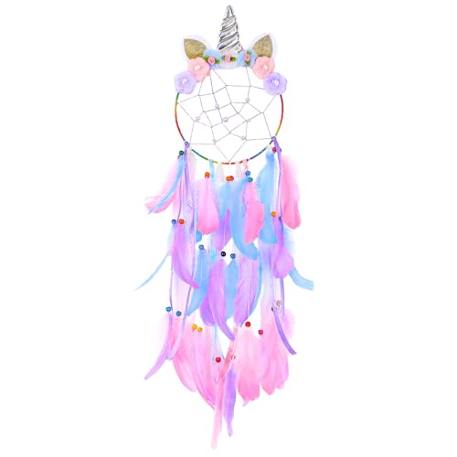 MHJY Einhorn Traumfänger Mädchen Großer Dreamcatcher Kinder Schlafzimmer Zubehör Handgemacht Bunte Federn Blumen Wandbehang Dekoration Kinderzimmer Geburtstagsgeschenk Junge von MHJY