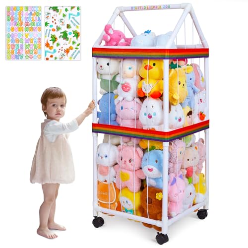 MHJY Kuscheltier-Aufbewahrung Zoo mit Rollen, Stofftier Aufbewahrungsbox aus PVC, Großes Plüschtier-Regal mit Gummibändern, Spielzeug Organizer für Kinderzimmer, Schlafzimmer & Kindergarten Deko von MHJY