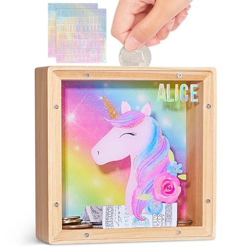 MHJY Spardose für Kinder, hölzerne Sparschweine für Mädchen Jungen Einhorn Sparbüchse Acryl mit DIY Alphabet Aufkleber von MHJY