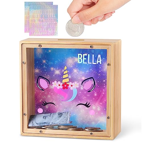 MHJY Spardose für Kinder, hölzerne Sparschweine für Mädchen Jungen Einhorn Sparbüchse Acryl mit DIY Alphabet Aufkleber von MHJY