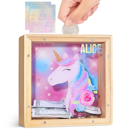 MHJY Spardose für Kinder, hölzerne Sparschweine für Mädchen Jungen Einhorn Sparbüchse Acryl mit DIY Alphabet Aufkleber von MHJY