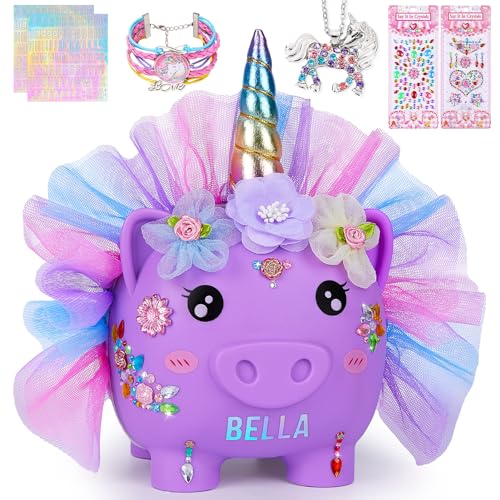 MHJY Spardose für Kinder, hölzerne Sparschweine für Mädchen Jungen Einhorn Sparbüchse Acryl mit DIY Alphabet Aufkleber von MHJY