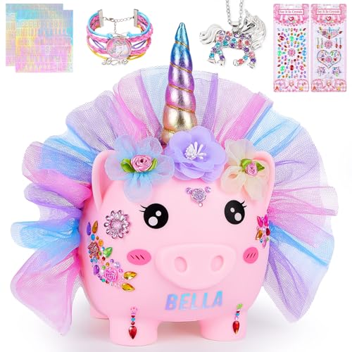 MHJY Spardose für Kinder, hölzerne Sparschweine für Mädchen Jungen Einhorn Sparbüchse Acryl mit DIY Alphabet Aufkleber von MHJY