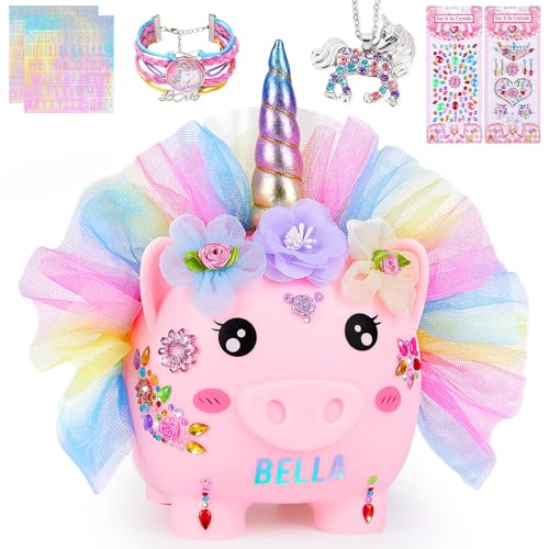 MHJY Spardose für Kinder, hölzerne Sparschweine für Mädchen Jungen Einhorn Sparbüchse Acryl mit DIY Alphabet Aufkleber von MHJY