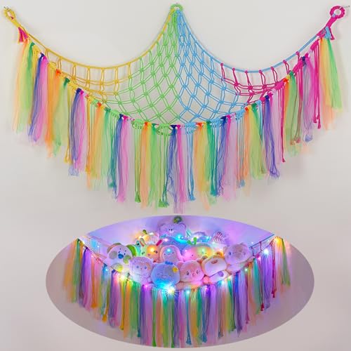 MHJY Spielzeug-Aufbewahrungsnetz, Hängematte mit LED-Licht, weiches Kuscheltier, handgewebter Plüsch-Makramee-Organizer mit Quaste für Kinderzimmer, Regenbogenfarben, Stoff MHJY Spielzeug-Aufbewahrungsnetz, Hängematte mit LED-Licht, weiches Kuscheltier, handgewebter Plüsch-Makramee-Organizer mit Quaste für Kinderzimmer, Regenbogenfarben, Stoff von MHJY