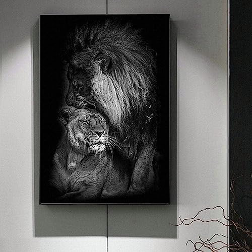 Leinwand Malerei Löwe und Löwin Modern Schwarz Weiß Bilder Wandkunst Afrikanischer Tiere Poster Kunstdruck Bild Wand Wohnzimmer Schlafzimmer Dekor Kein Rahmen (60X90CM) von MHLCMG