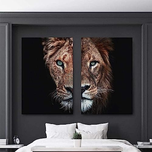 Leinwand Malerei Löwen Portrait Bilder Wandkunst Modern Schwarz weiß Poster Kunstdruck Bild Wand Wohnzimmer Schlafzimmer Dekor Kein Rahmen (2X40X60CM) von MHLCMG