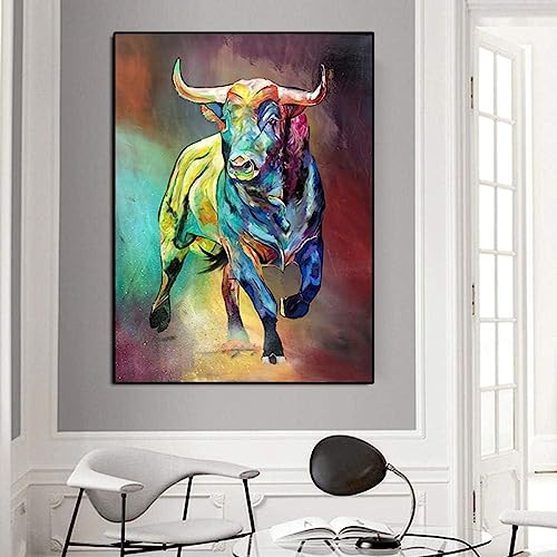 MHLCMG Leinwand Malerei Abstrakter Bunter Stier Bilder Wandkunst Moderne Tier Poster Kunstdruck Bild Wand Wohnzimmer Schlafzimmer Dekor Kein Rahmen (80X120CM) von MHLCMG