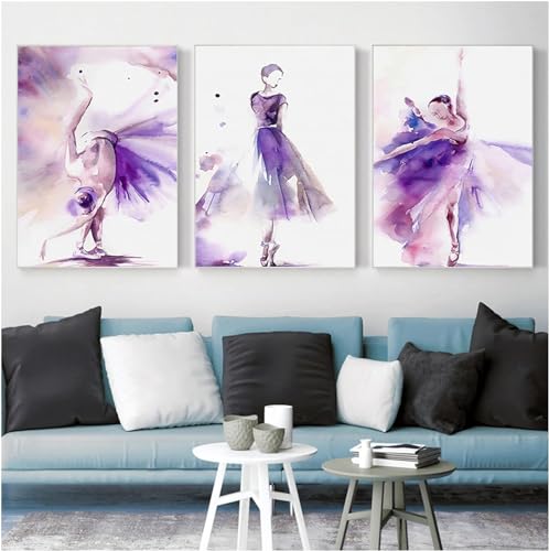 MHLCMG Leinwand Malerei Aquarell Lila Balletttänzerin Bilder Wandkunst Nordische Poster Kunstdruck Bild Wand Wohnzimmer Schlafzimmer Dekor Kein Rahmen (3X40X60CM) von MHLCMG