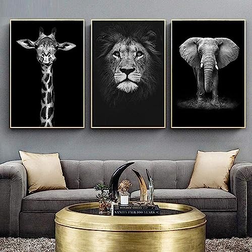 MHLCMG Leinwand Malerei Elefant Löwe Giraffe Bilder Wandkunst Schwarz Weiß Tier Poster Kunstdruck Bild Wand Wohnzimmer Schlafzimmer Dekor Kein Rahmen (3X40X60CM) von MHLCMG