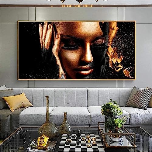 MHLCMG Leinwand Malerei Schwarz Gold Afrikanische Frau Bilder Wandkunst Moderne Poster Kunstdruck Bild Wand Wohnzimmer Schlafzimmer Dekor Kein Rahmen (50X100CM) von MHLCMG