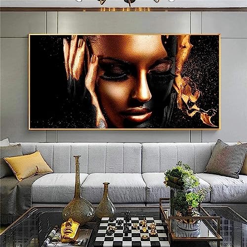 MHLCMG Leinwand Malerei Schwarz Gold Afrikanische Frau Bilder Wandkunst Moderne Poster Kunstdruck Bild Wand Wohnzimmer Schlafzimmer Dekor Kein Rahmen (65X130CM) von MHLCMG