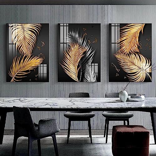 MHLCMG Leinwand Malerei Schwarzes Blatt Gold Feder Bilder Wandkunst Minimalistisches Poster Kunstdruck Bild Wand Wohnzimmer Schlafzimmer Dekor Kein Rahmen (3X50X70CM) von MHLCMG