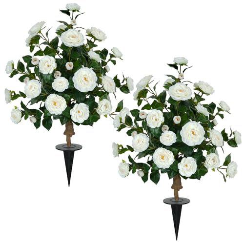 Künstliche Kamelien-Baumpflanzen, 91,4 cm, künstliche Kamelienblume mit Spieß, UV-beständig, für drinnen und draußen, Hochzeit, Haustür, Veranda, Garten, Hinterhof, Garten, Garten, Garten, Weiß, 2 von MHMJON