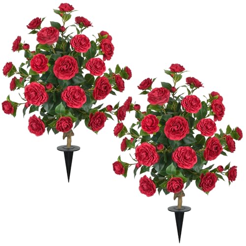 Künstliche Kamelien-Baumpflanzen, 91,4 cm, künstliche Kamelienblume mit Spieß, UV-beständig, für drinnen und draußen, Hochzeit, Haustür, Veranda, Garten, Hinterhof, Garten, Garten, Garten, Rot, 2 von MHMJON