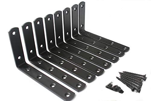 MHMYDZ 8 Stück Mattschwarzer StahlL Eckstreben Verbindungswinkel Regalhalterung Wandbehang mit Schrauben 125mmX75mm/5 ZollX3 Zoll Dekorative Eckwinkel Gelenkwinkel von MHMYDZ