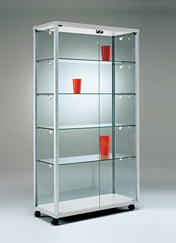 MHN Glasvitrine T 43 x B 79 x H 183,5 cm - breite rollbare Glas Standvitrine abschließbar - Aluminium Ausstellungs-Vitrine - ohne Beleuchtung von MHN