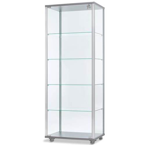 MHN Glasvitrine mit Rollen T 41,7 x B 60 x H 183 cm - breite Ausstellungs-Vitrine abschließbar - hoher Glas-Vitrinenschrank ohne Beleuchtung von MHN