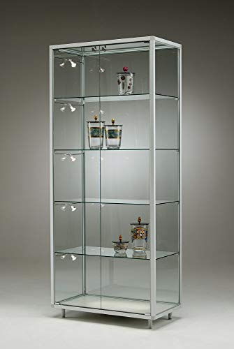 MHN Glasvitrine T 41,5 x B 78 x H 183,5 cm - breite Glas Standvitrine abschließbar - Aluminium Ausstellungs-Vitrine - LED-Beleuchtung von MHN