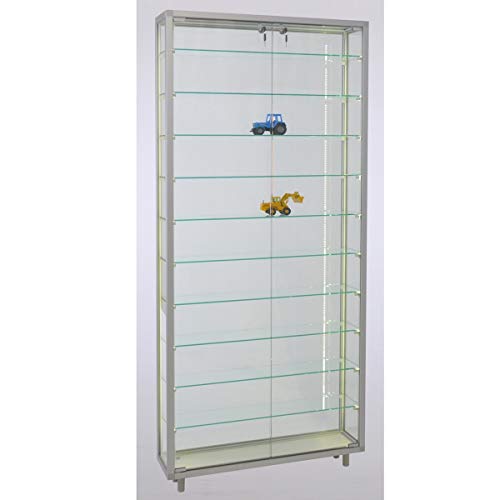 MHN Wandvitrine T 19 x B 78 x H 183,5 cm - breite Sammler Glasvitrine abschließbar - große Sammlervitrine Wand stehend - Glas Aluminium Vitrine - LED-Beleuchtung von MHN