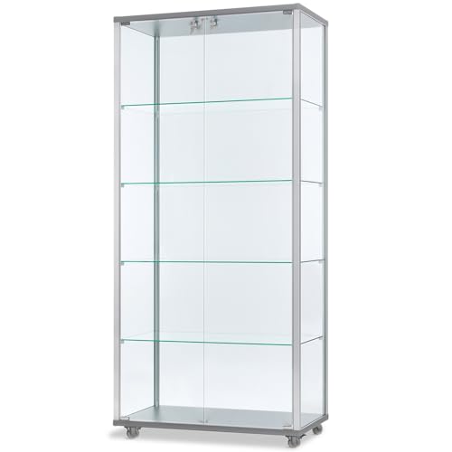 Glasvitrine mit Rollen T 41,7 x B 78,2 x H 183 cm - breite Ausstellungs-Vitrine abschließbar - großer Glas-Vitrinenschrank ohne Beleuchtung von KFLING