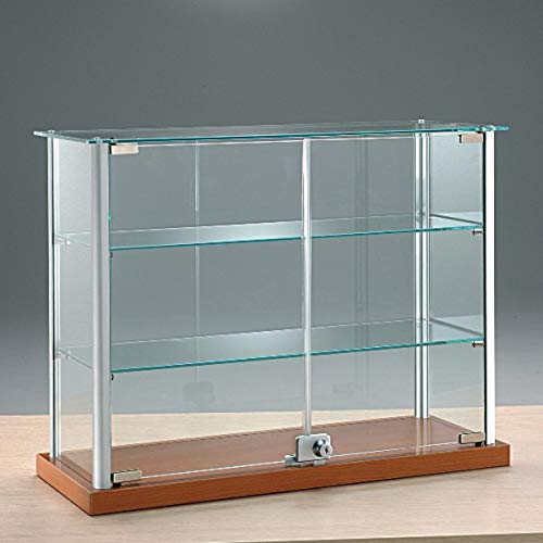Kleine Aufsatzvitrine Glas T 25 x B 65 x H 50 cm - Tischvitrine Alu abschließbar - Holzunterbau Kirsche - Glasvitrine für Ausstellungen oder Messen - ohne Beleuchtung von MHN