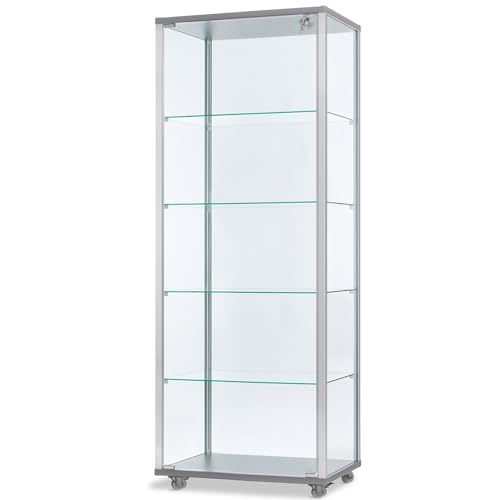 MHN Glasvitrine mit RollenT 41,7 x B 60 x H 183 cm - schmale Ausstellungs-Vitrine mit Unterschrank abschließbar - Glas Vitrinenschrank ohne Beleuchtung von MHN