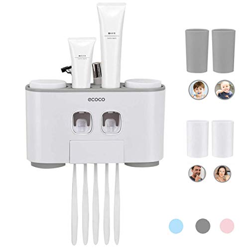 MHTECH Automatischer Zahnpastaspender Und Zahnbürstenhalter Enthält 2 Zahnpasta Squeezers ，4 Tassen，Kann 5 Zahnbürsten platzieren， Geeignet für alle Arten von Zahnbürsten den - Set mit Wand Montiert von MHTECH