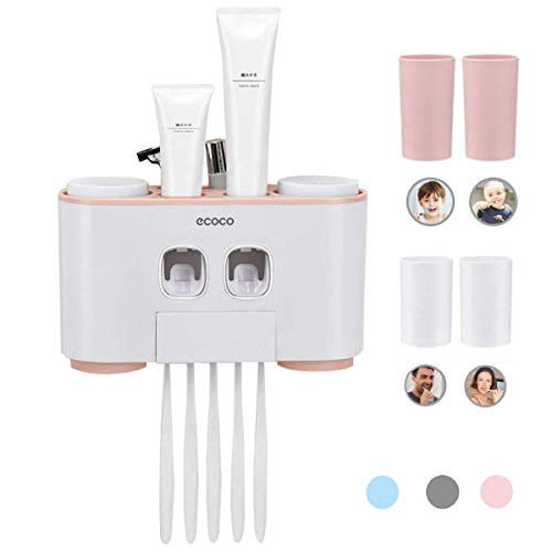 MHtech Automatischer Zahnpastaspender Und Zahnbürstenhalter Enthält 2 Zahnpasta Squeezers ，4 Tassen，Kann 5 Zahnbürsten platzieren， Geeignet für alle Arten von Zahnbürsten den - Set mit Wand Montiert von MHtech